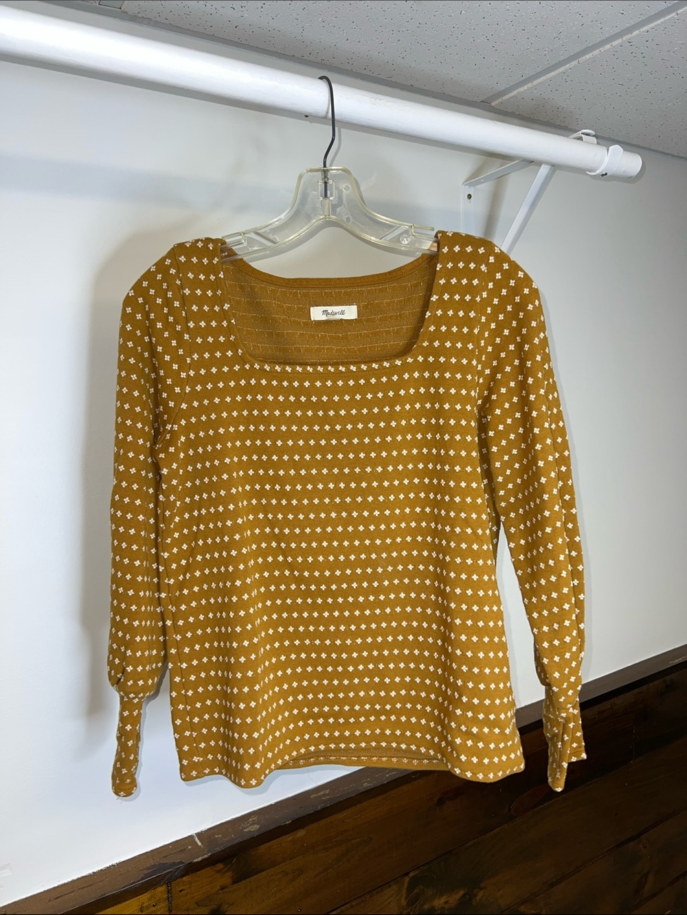 Madewell Mustard Brown Knit Top with White Dot Motif- S